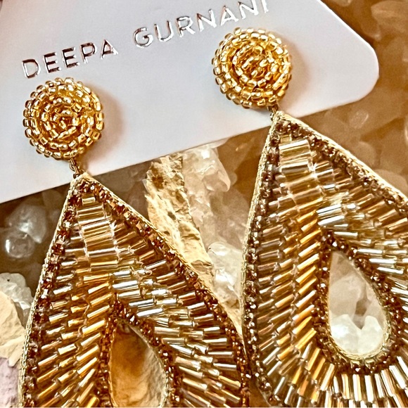NWT Deepa Gurnani Beaded Gold Crystal Hoop Chandeliers - Picture 7 of 15